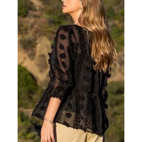 Anthropologie THML Matapolo Black Sheer Pom Fringe Blouse Size Small Boho Chic - Picture 3 of 5